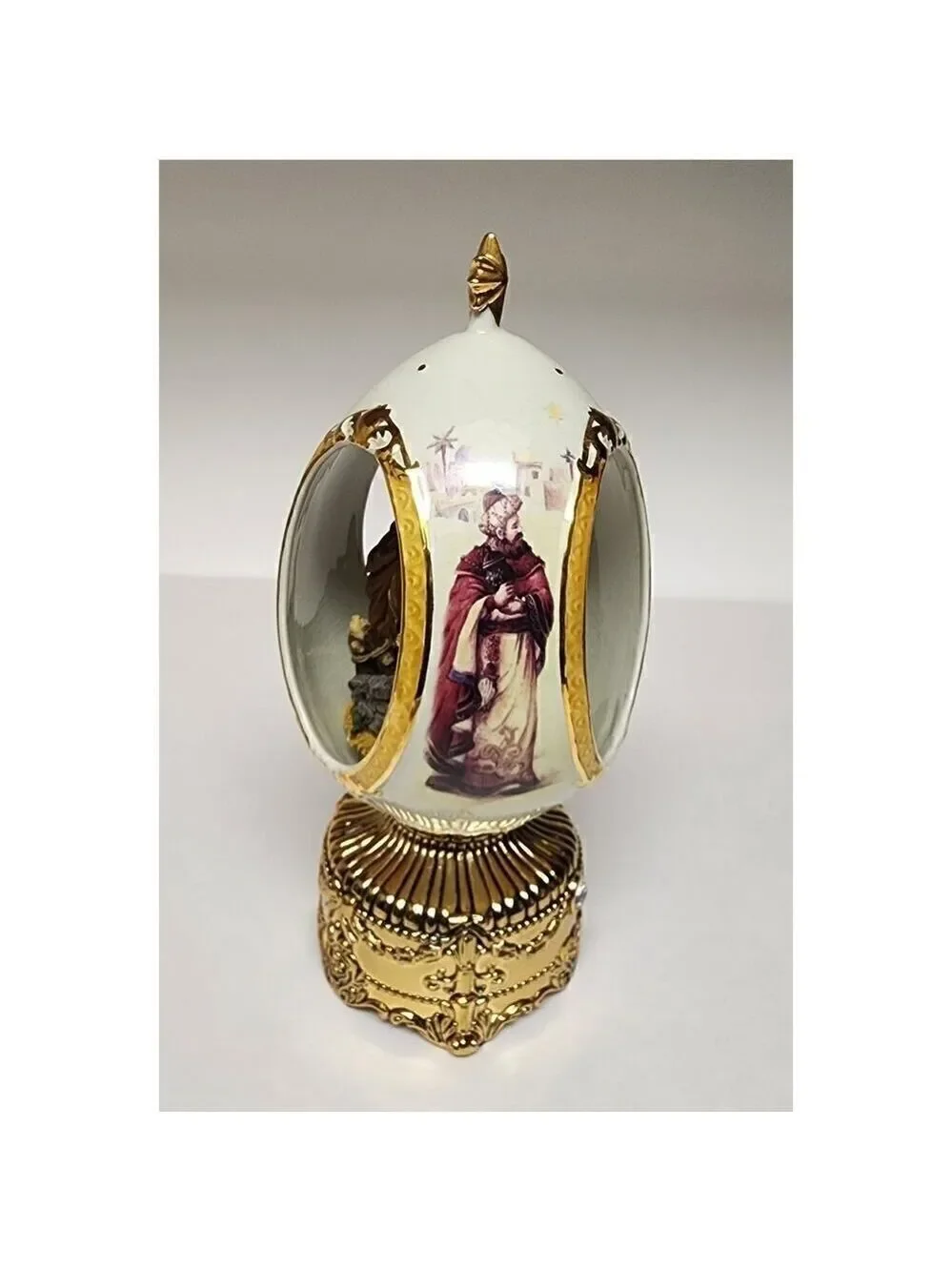 Home For The Holiday Porcelain Egg-Shaped Musical Box Revolving Nativity/Santa